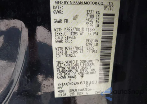 2010 Nissan Armada Se z USA, uszkodzony, nr VIN 5N1AA0ND5AN618301